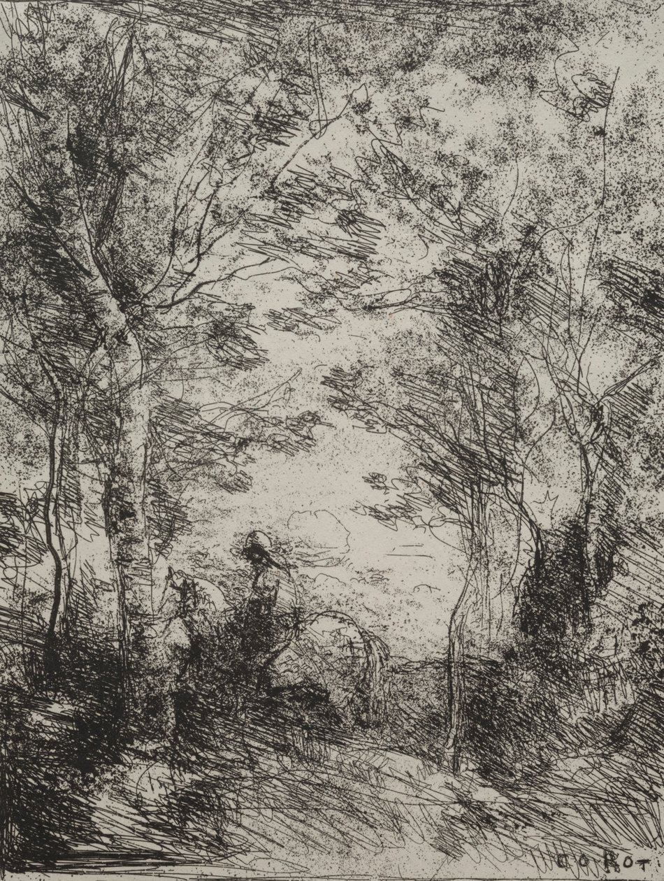 Cavalier dans les bois, impression originale 1854, imprimée en 1921 - Jean Baptiste Camille Corot