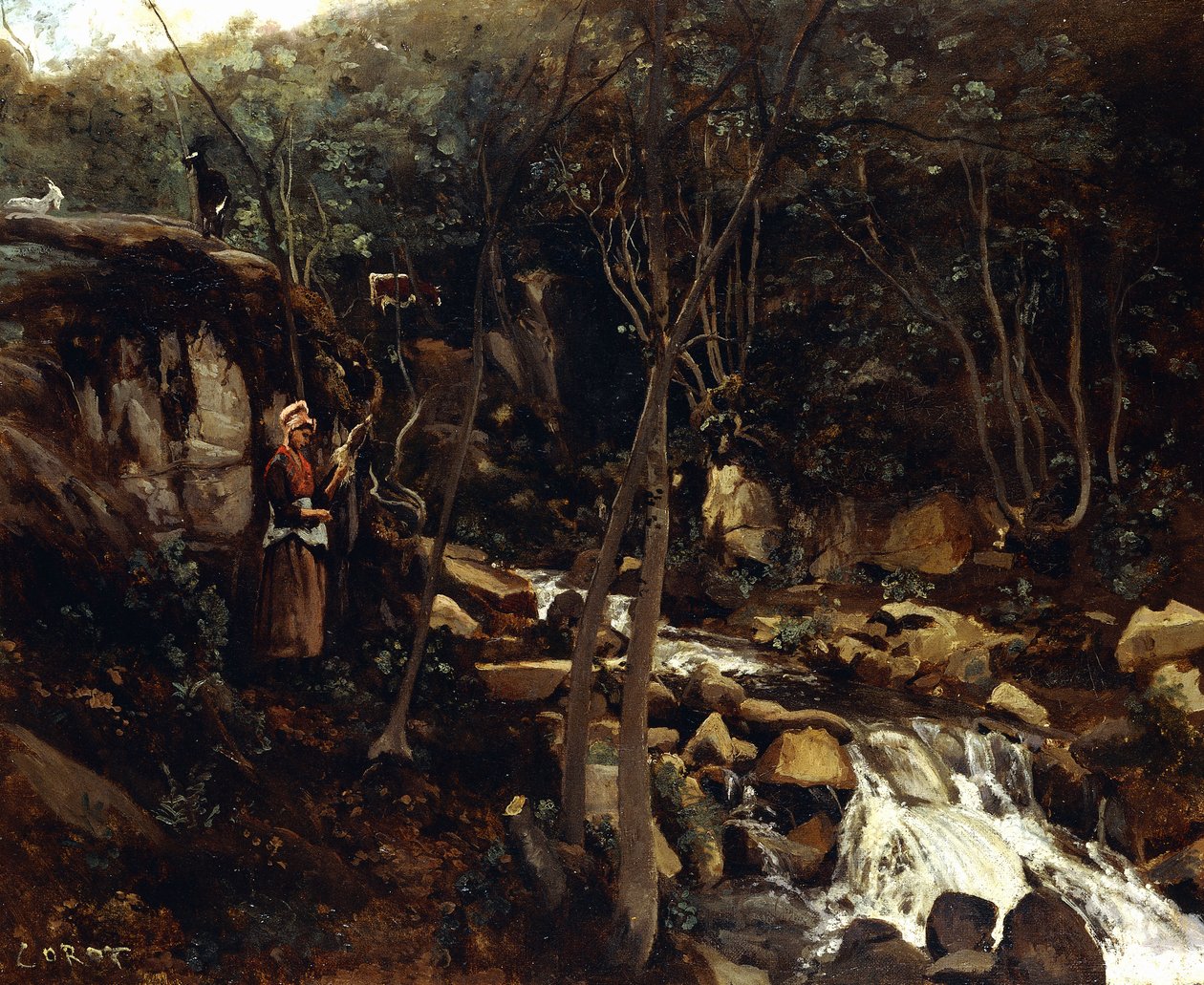 Lormes - Un torrent avec un paysan debout, filant de la laine, 1842 - Jean Baptiste Camille Corot