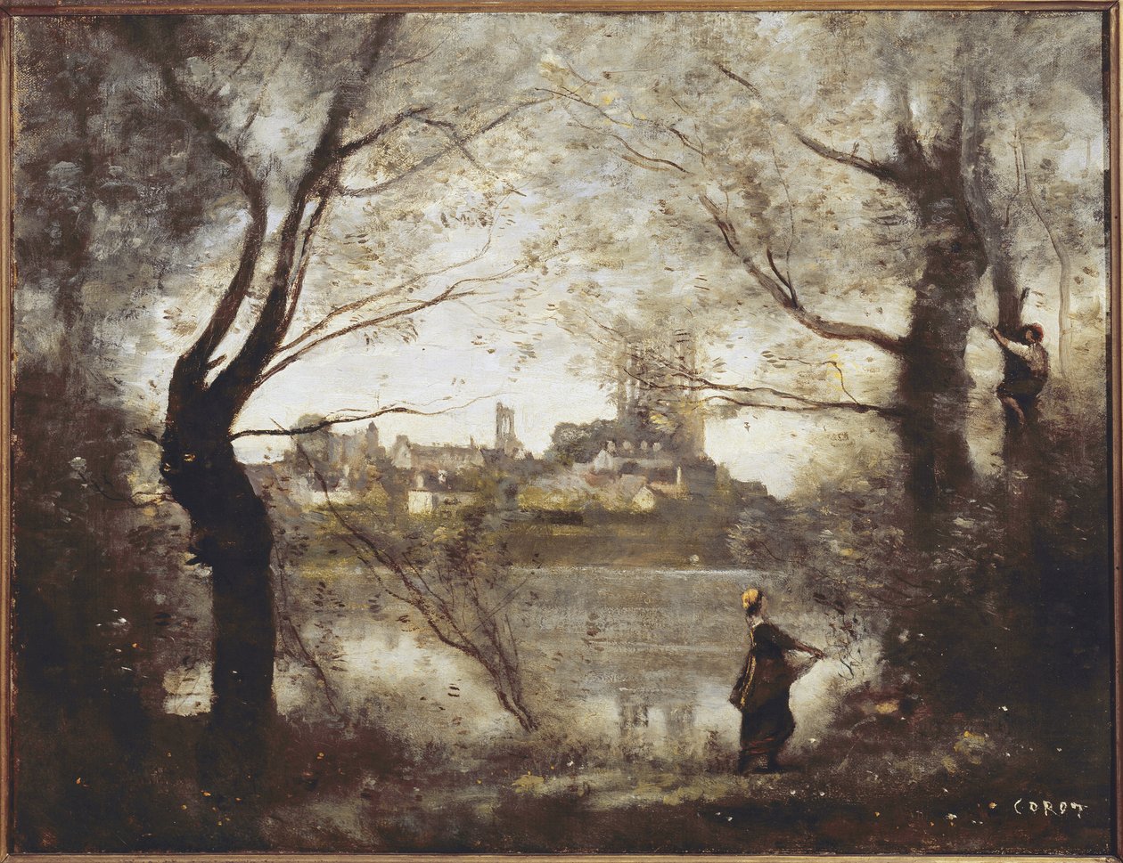 Mantes, cathédrale et ville vues à travers les arbres, soir - Jean Baptiste Camille Corot