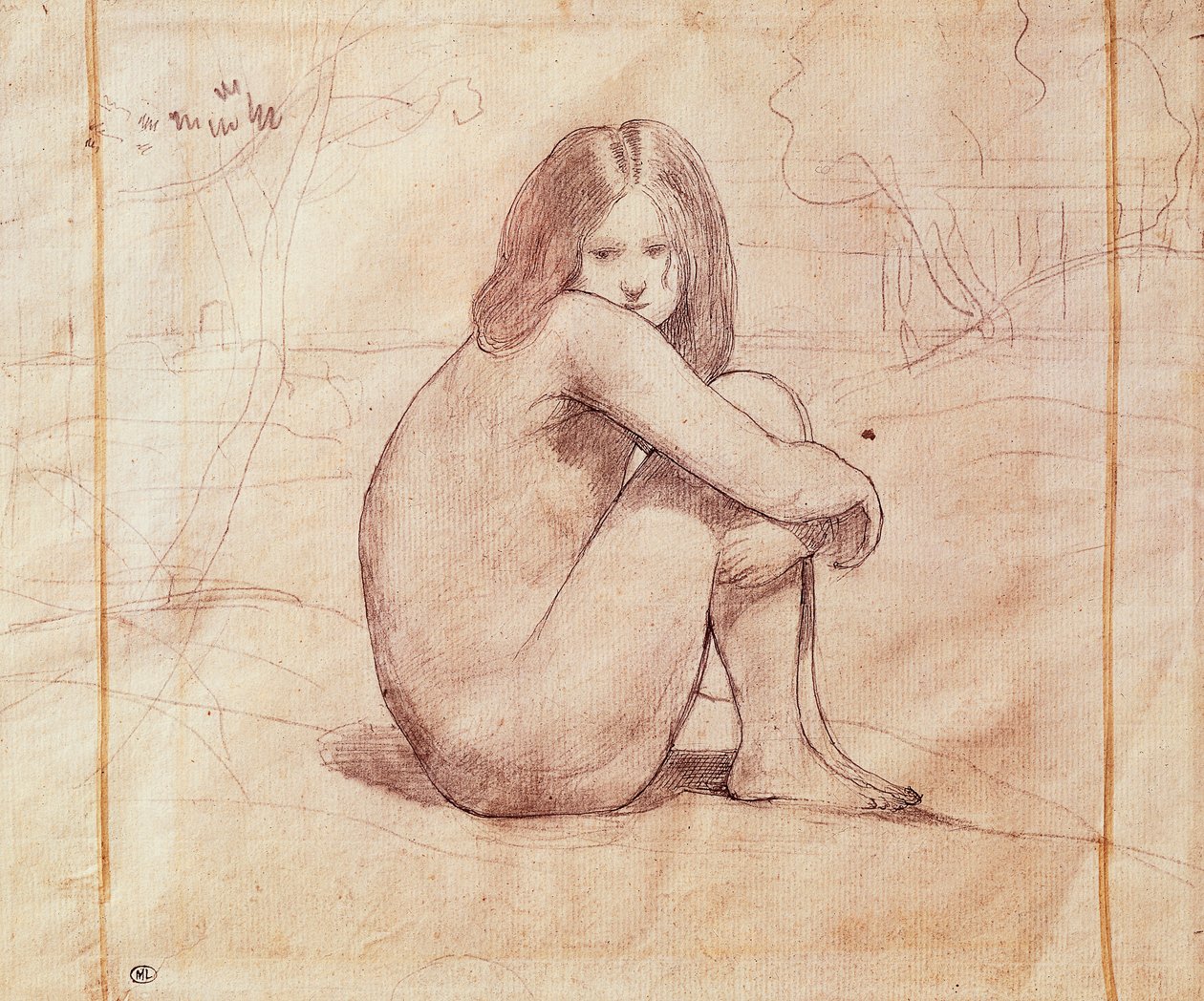 Jeune fille nue assise, dessin de Jean-Baptiste-Camille Corot (1796-1875) - Jean Baptiste Camille Corot