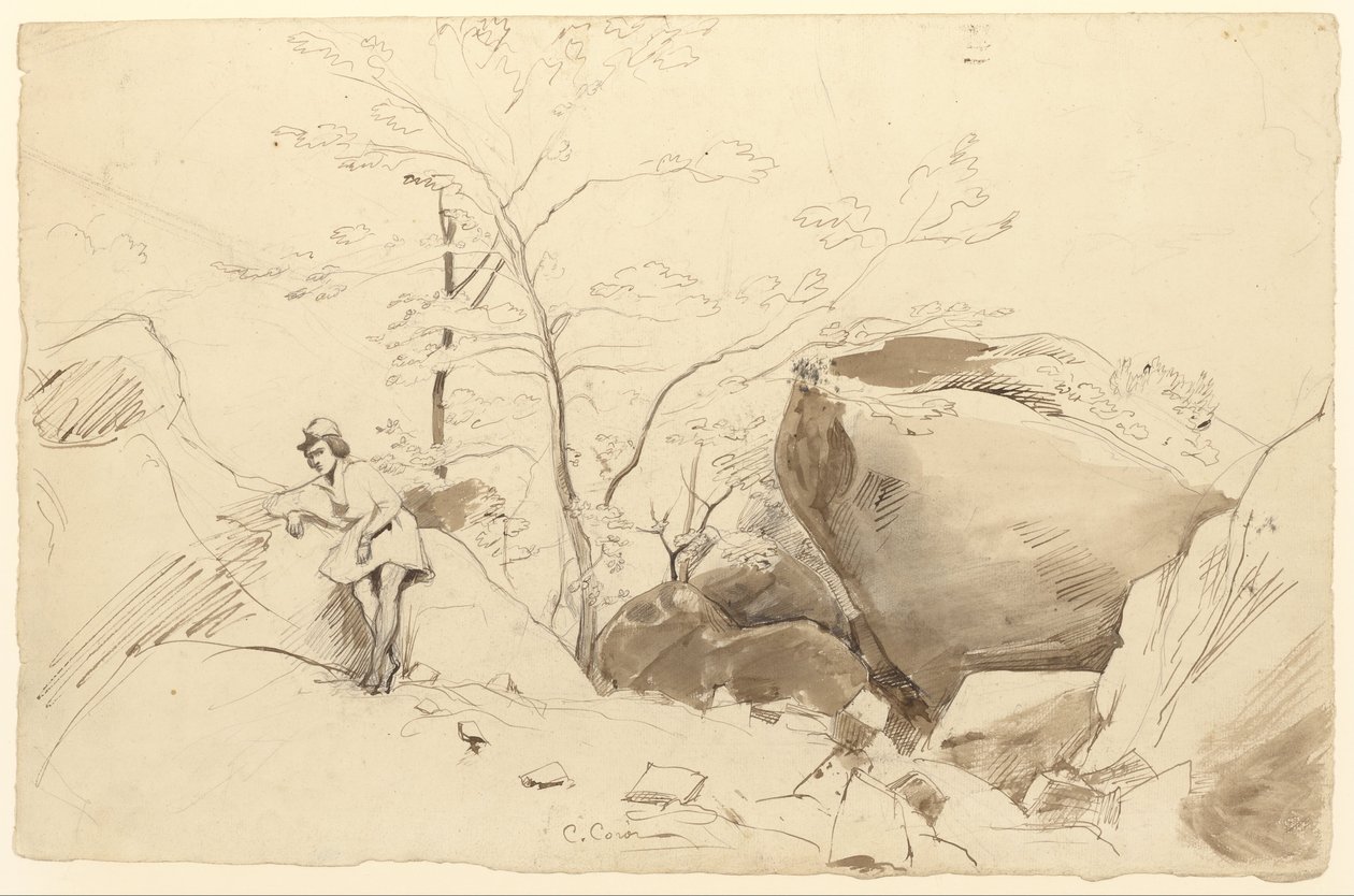 Plume et encre brune, pinceau et lavis brun sur crayon sur papier - Jean Baptiste Camille Corot