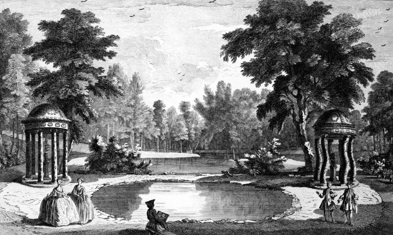 Vue de la grotte et des deux temples de coquillages, jardins de Stowe House, gravée par George Bickham, 1753 - Jean Baptiste Claude Chatelain