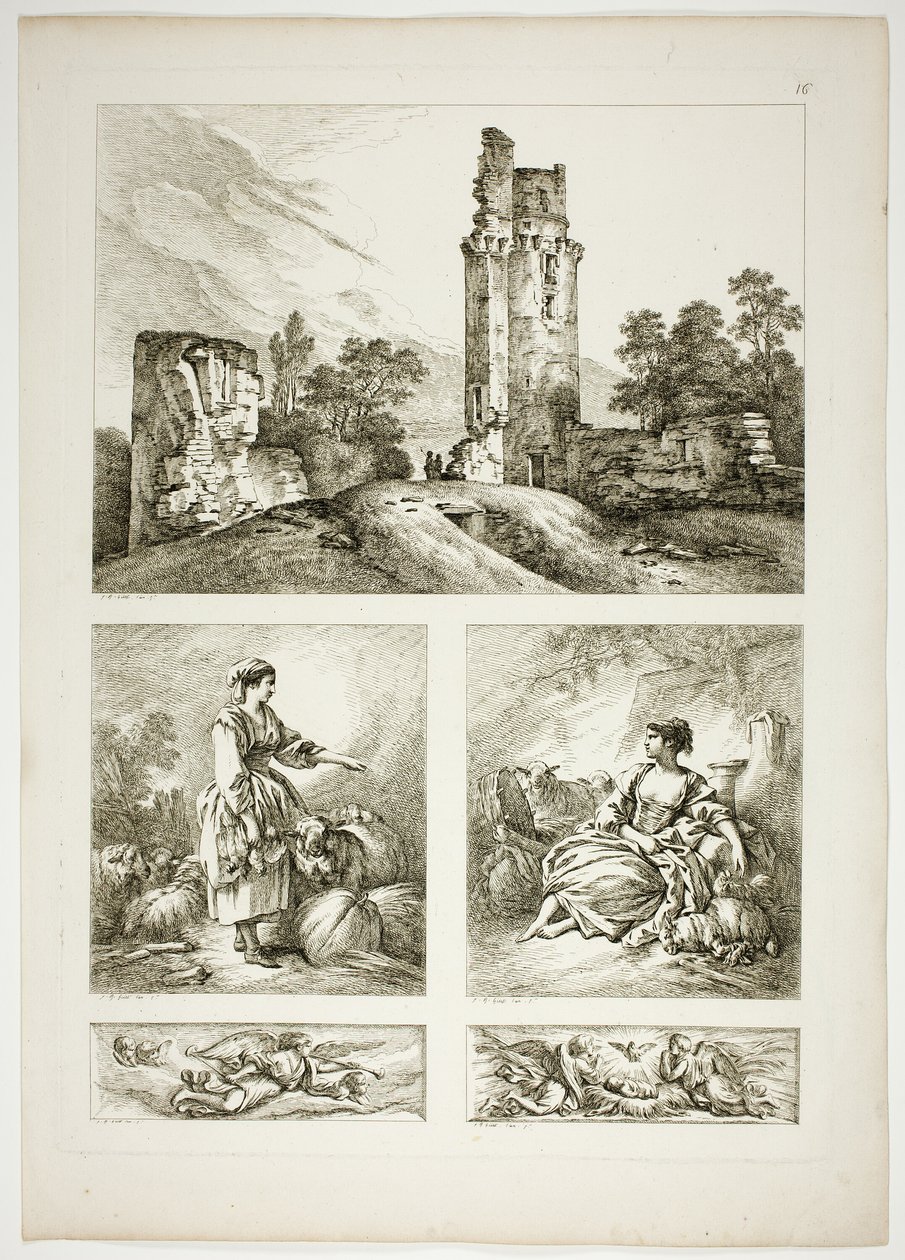 Planche Seize de 38 des Œuvres de J. B. Huet - Jean Baptiste Huet