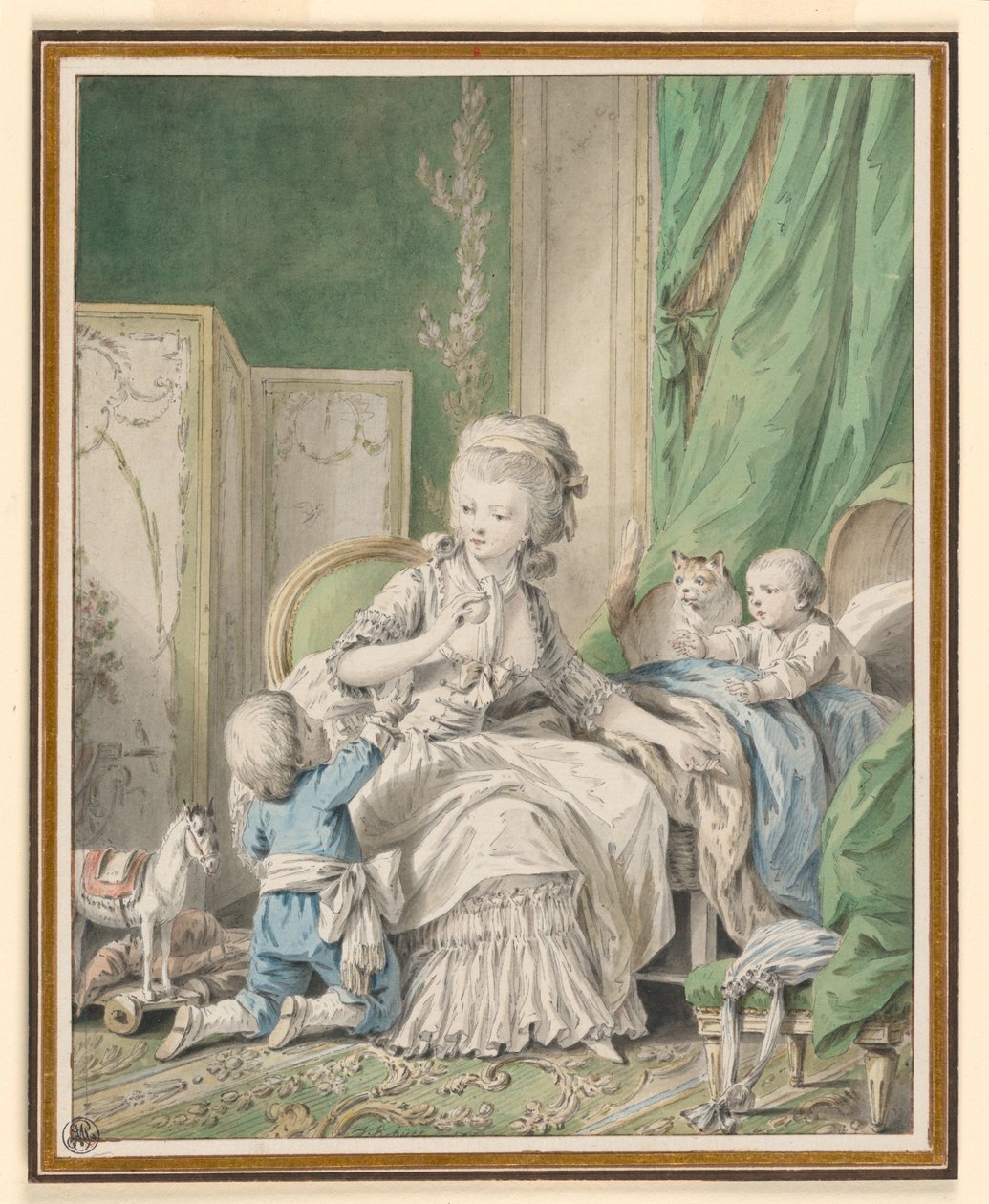 Dessin, mère et deux enfants dans un boudoir, peut-être 1782 - Jean Baptiste Huet