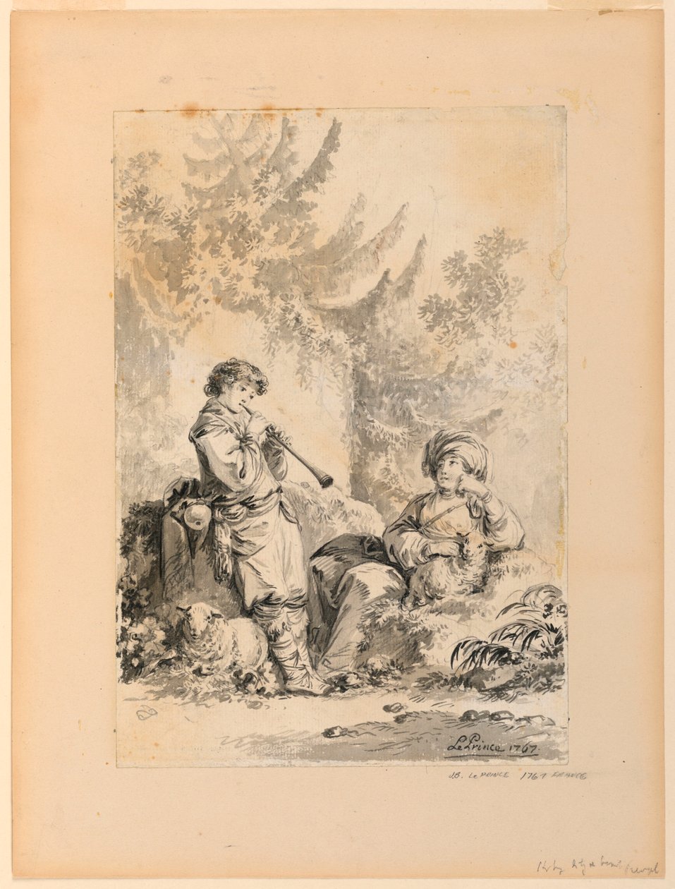 Dessin, Berger et bergère dans un paysage, 1767 - Jean Baptiste Le Prince