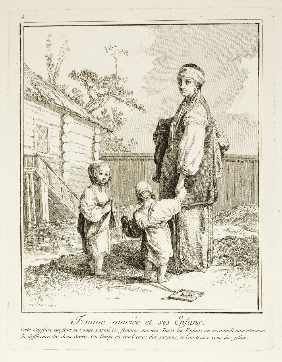 Femme mariée et ses enfants, planche cinq de Divers Habillements des Peuples du Nord - Jean Baptiste Le Prince