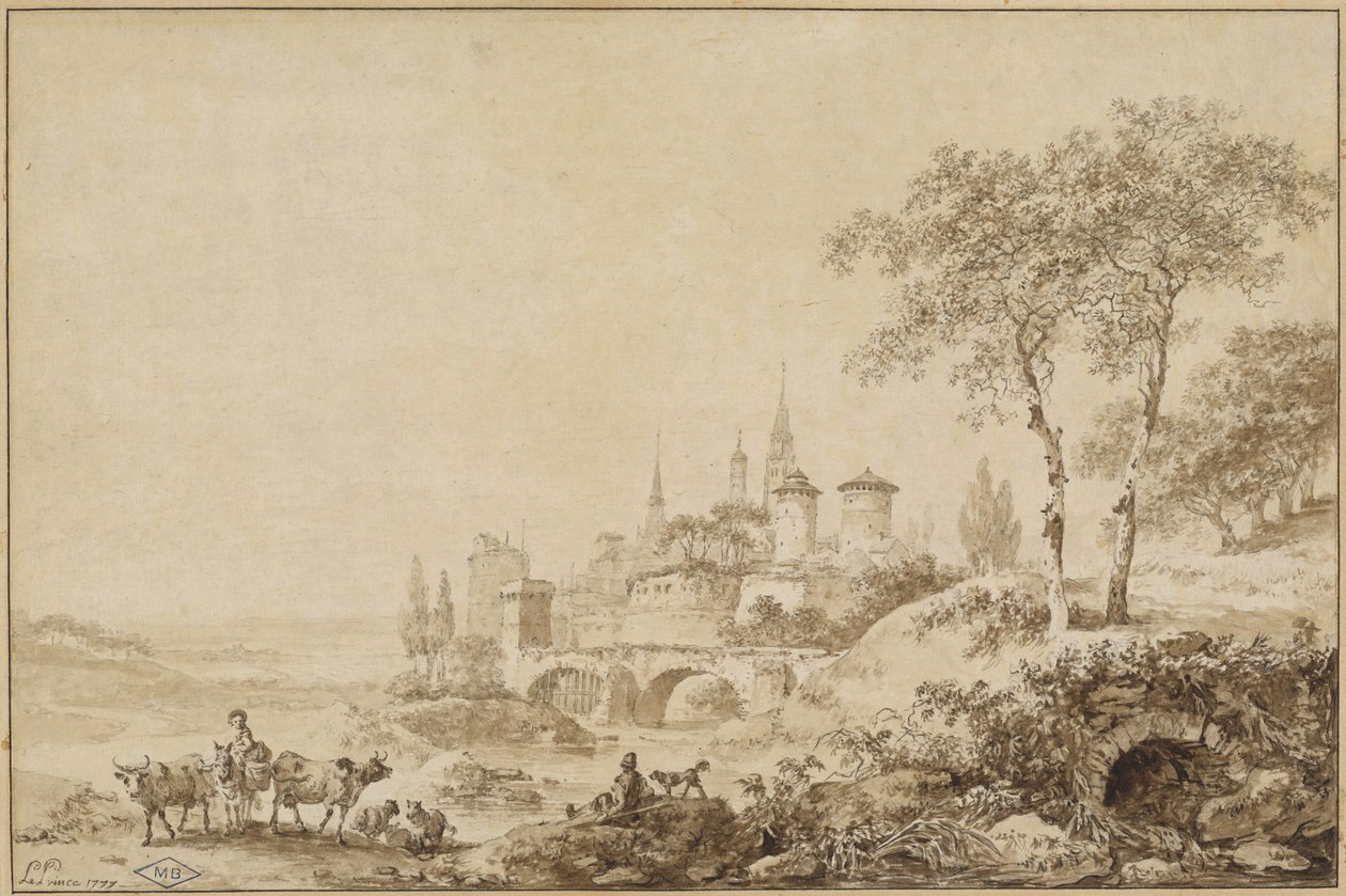 Bergers dans un paysage devant une ville fortifiée - Jean Baptiste Le Prince