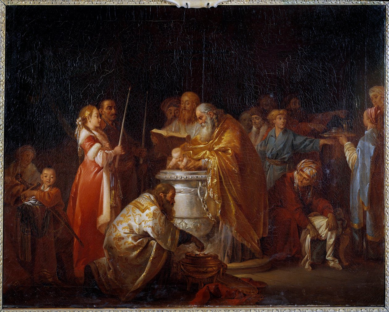 Baptême russe Un pope orthodoxe baptise un enfant devant ses parents. Peinture de Jean-Baptiste Leprince (1733-1781) 1765 - Jean Baptiste Leprince