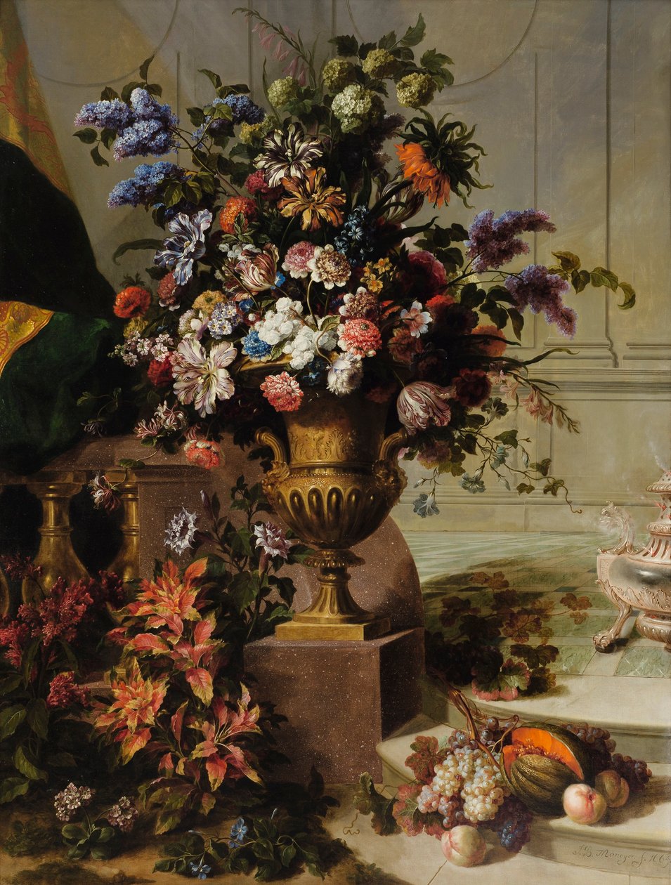 Bouquet de fleurs dans une urne en bronze doré sur un socle en porphyre dans un cadre architectural - Jean Baptiste Monnoyer