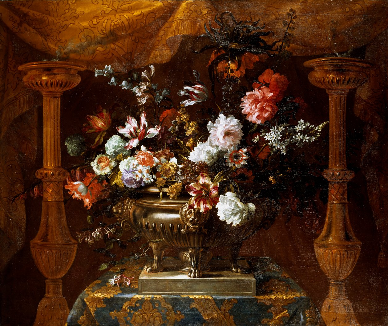 Nature morte avec des fleurs dans un vase en argent avec des brûleurs de parfum, vers 1690-99 - Jean Baptiste Monnoyer