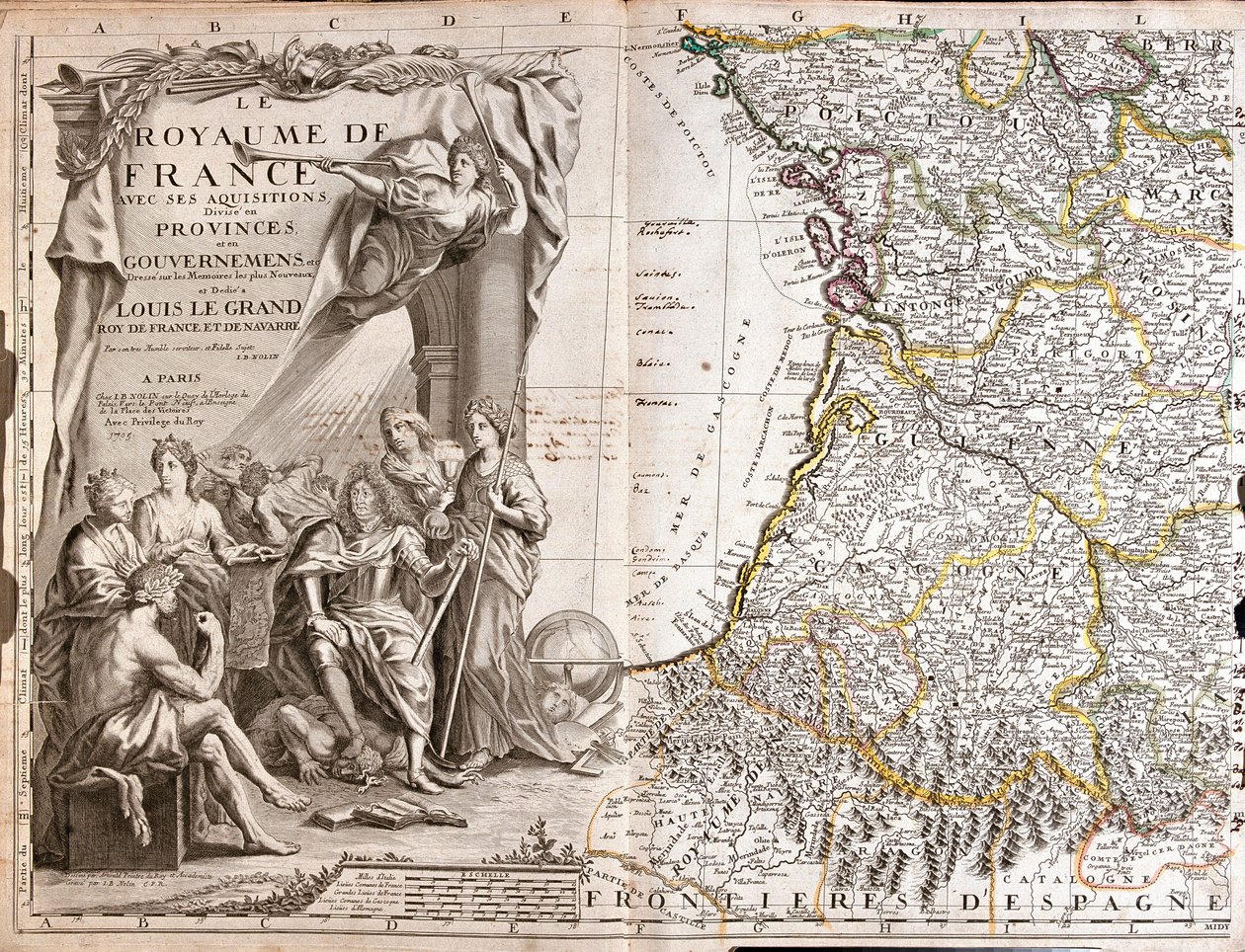 Carte de la Guyenne et de la Gascogne, avec un portrait de Louis XIV entouré de personnages allégoriques - Jean Baptiste Nolin