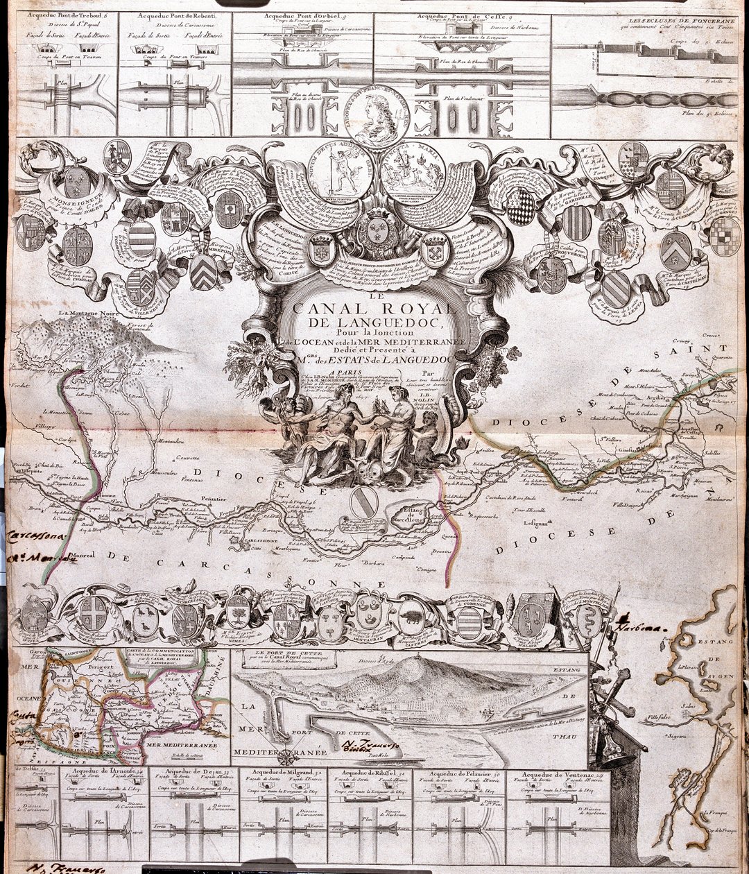 Carte du Canal du Midi, avec ses aqueducs - Jean Baptiste Nolin