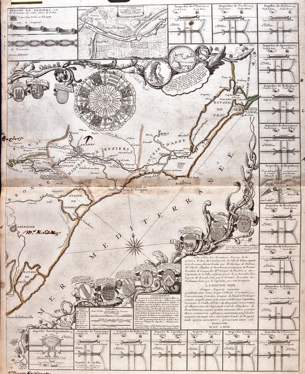 Carte du Canal du Midi, avec ses aqueducs - Jean Baptiste Nolin