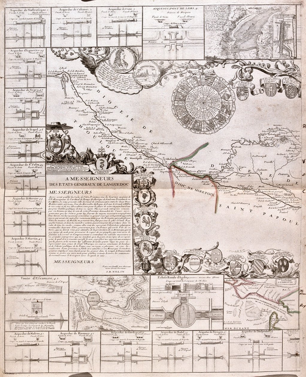Carte du Canal du Midi, avec ses aqueducs - Jean Baptiste Nolin