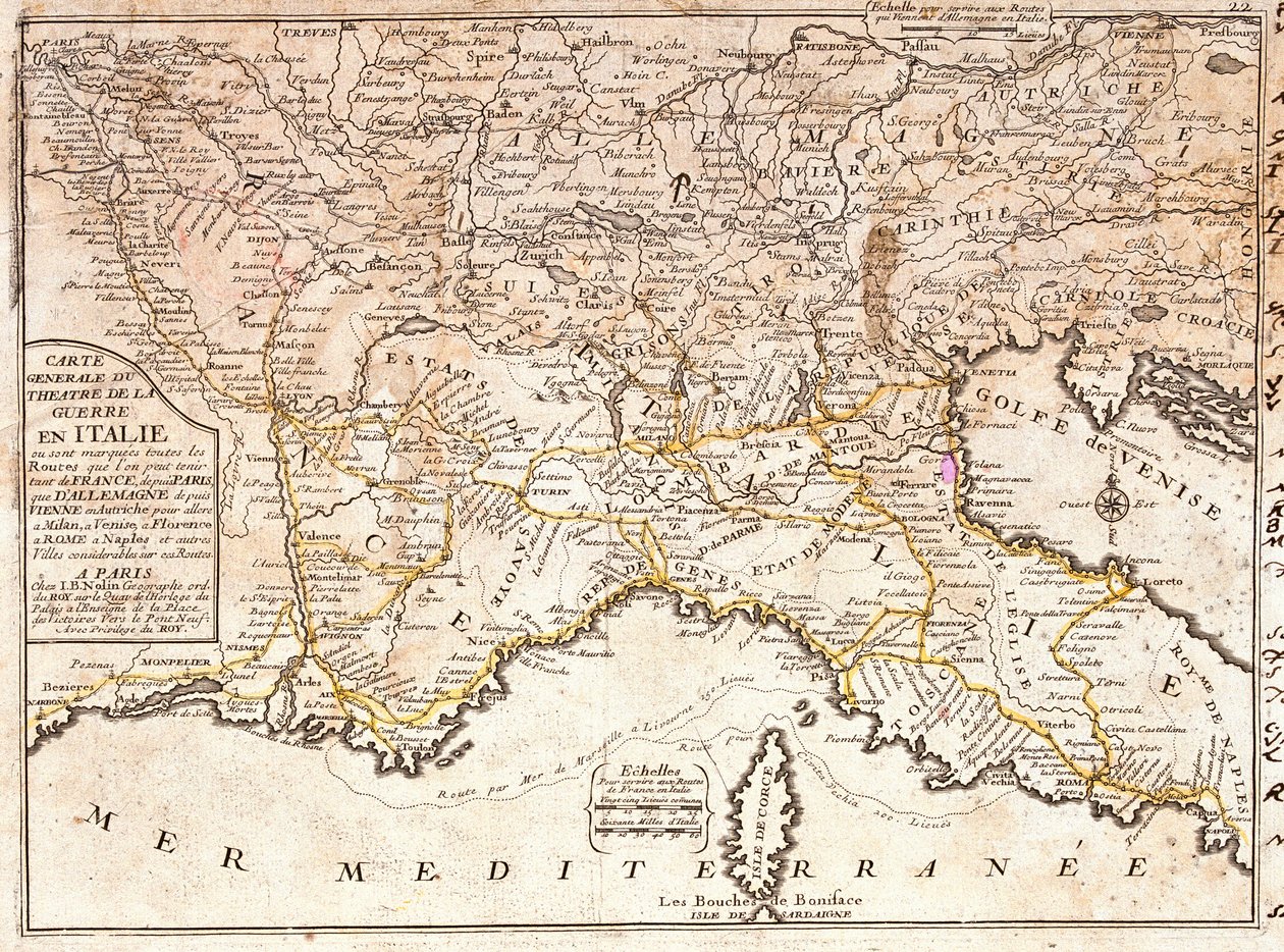 Carte des routes menant aux principales villes italiennes depuis toute l