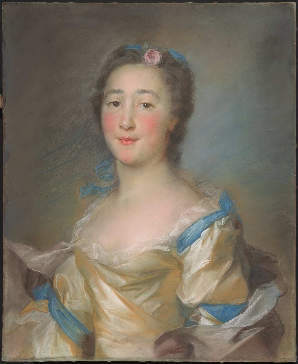 Jeune Dame en Robe Jaune avec Rubans Bleus - Jean Baptiste Perronneau