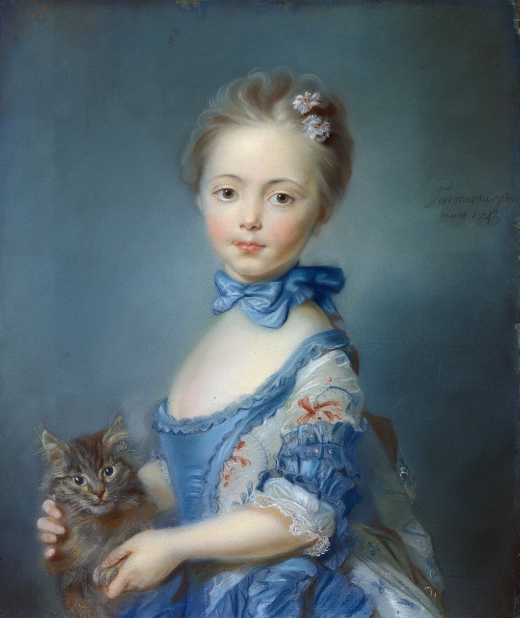 Portrait de la jeune fille au chat (Peinture au pastel par Jean-Baptiste Perronneau) (1715-1783) - Jean Baptiste Perronneau