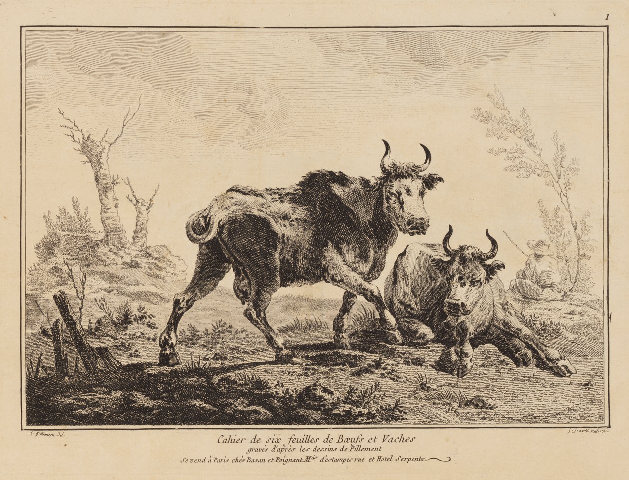 Cahier de six feuilles de bœufs et vaches - Jean Baptiste Pillement