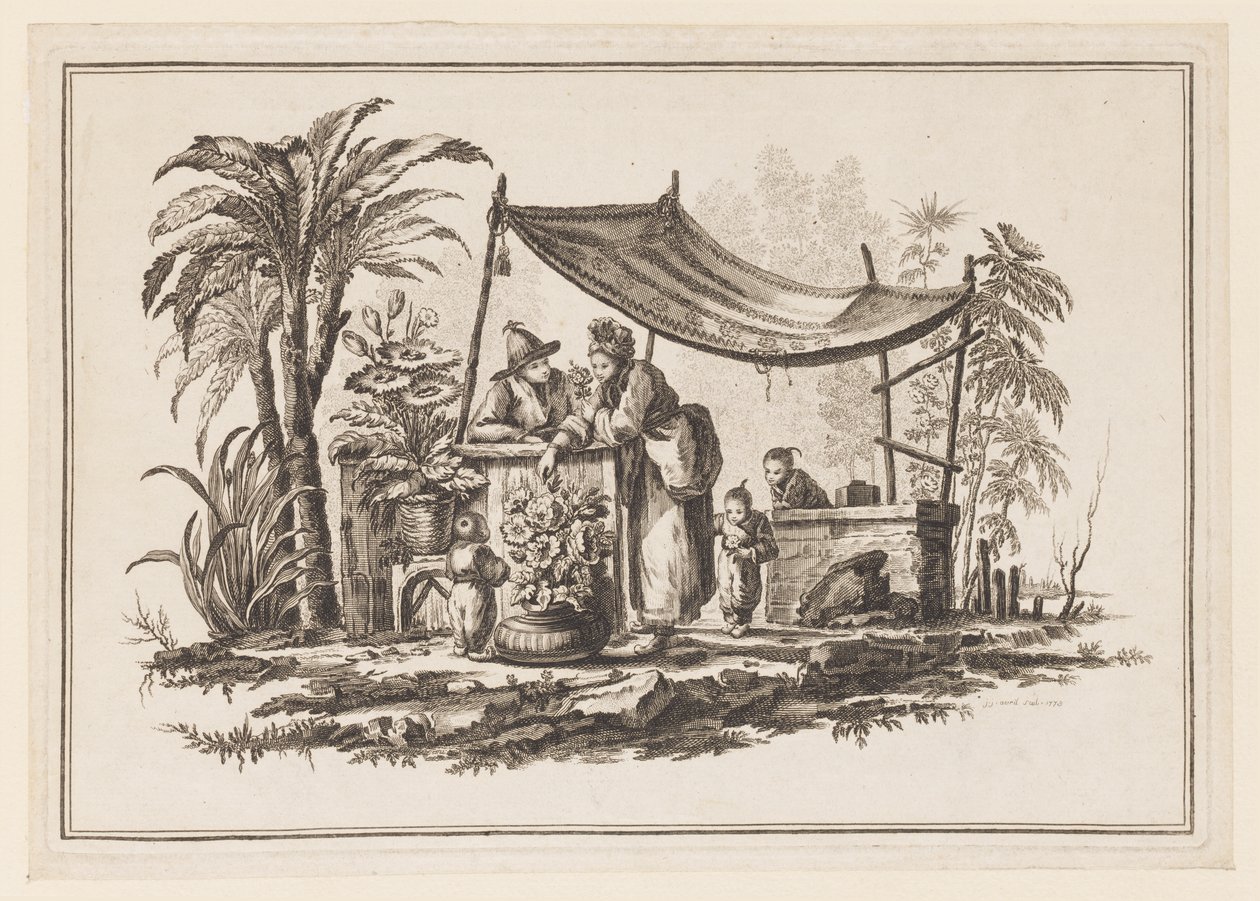 Figures avec un vase de fleurs, de "Nouveau Cahier de Six Feuilles De Différents Sujets Chinois Historiés" - Jean Baptiste Pillement