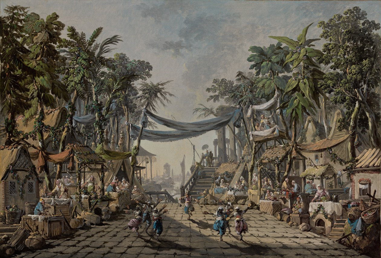 Scène de marché dans un port oriental imaginaire - Jean Baptiste Pillement