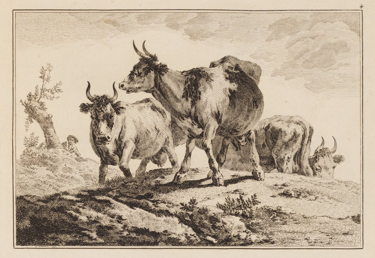Planche 4, de "Cahier de six feuilles de bœufs et vaches" - Jean Baptiste Pillement