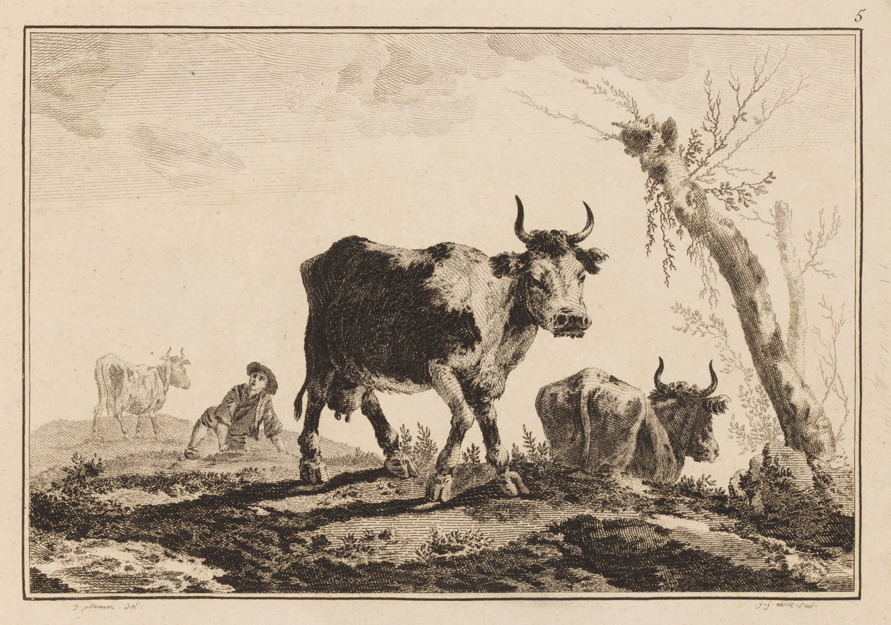 Planche 5, "Cahier de Six Feuilles de Bœufs et Vaches" - Jean Baptiste Pillement