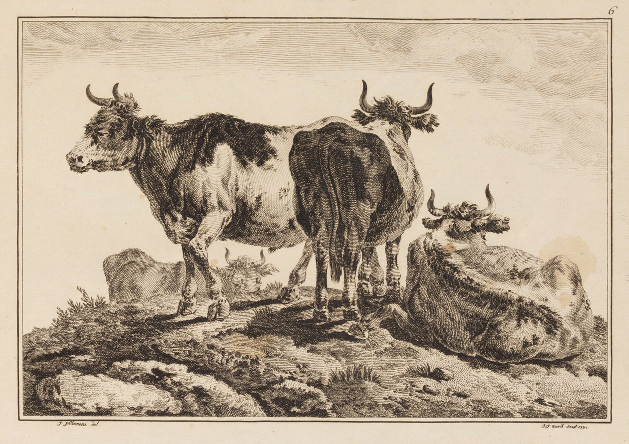 Planche 6, de "Cahier de Six Feuilles de Bœufs et Vaches" - Jean Baptiste Pillement