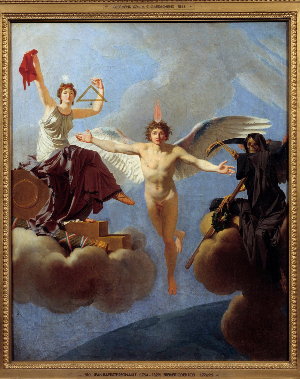 La Liberté ou la Mort Allégorie de la Liberté à gauche, couverte par le Diadème de la Raison, héritage du Siècle des Lumières. De sa main gauche, elle brandit l