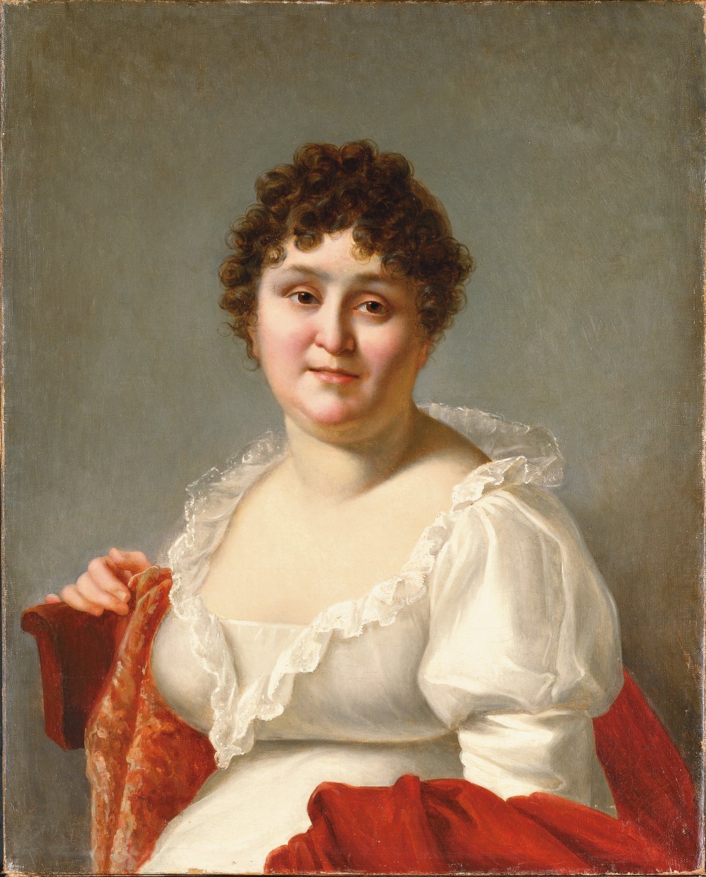 Portrait de Madame Regnault, buste, en robe blanche et châle kaki - Jean Baptiste Regnault