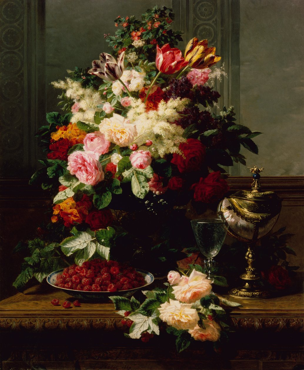 Nature morte de roses, tulipes et autres fleurs sur un compotier allemand - Jean Baptiste Robie