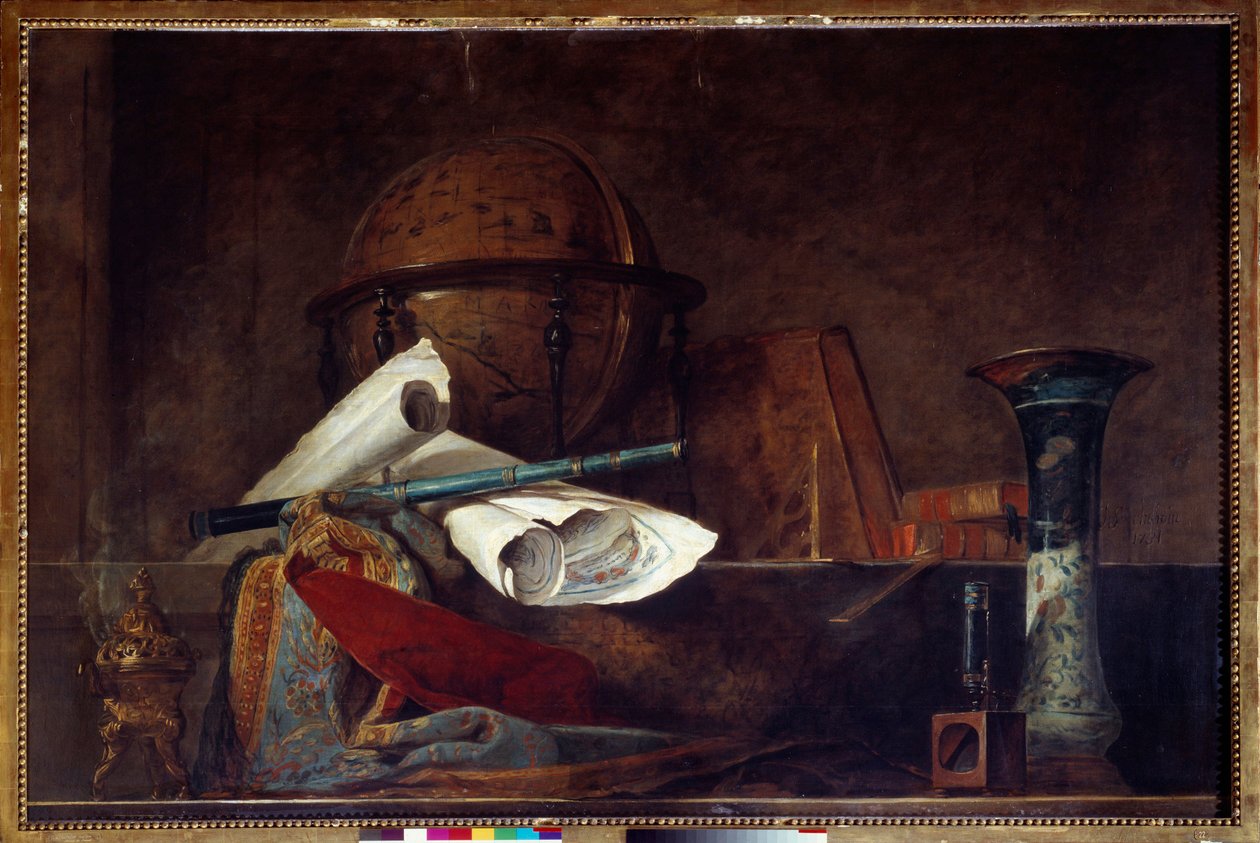 Allégorie de la science Nature morte, globe, cartes géographiques, livres et vase - Jean Baptiste Simeon Chardin