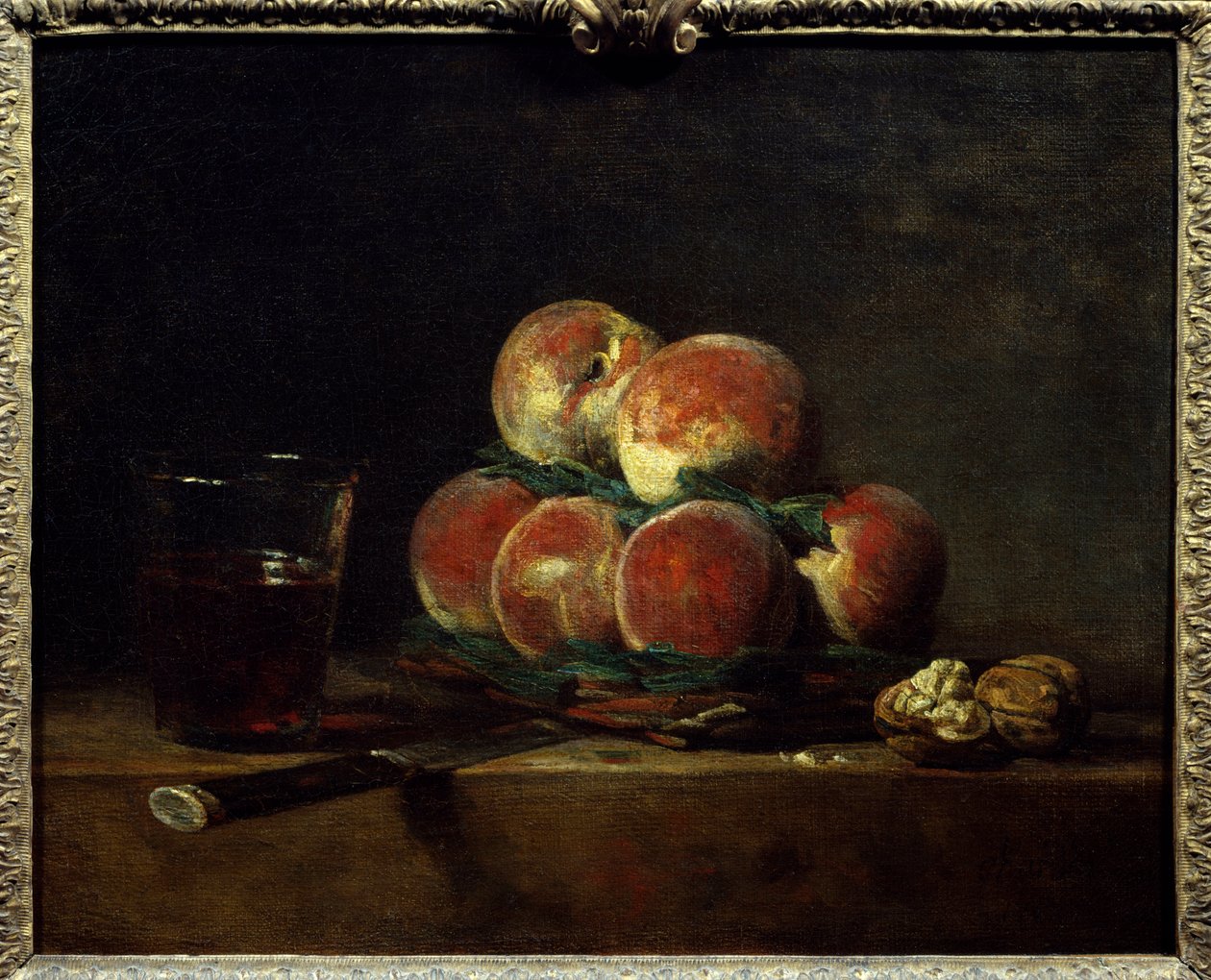 Panier de pêches avec noix, couteau et verre de vin - Jean Baptiste Simeon Chardin