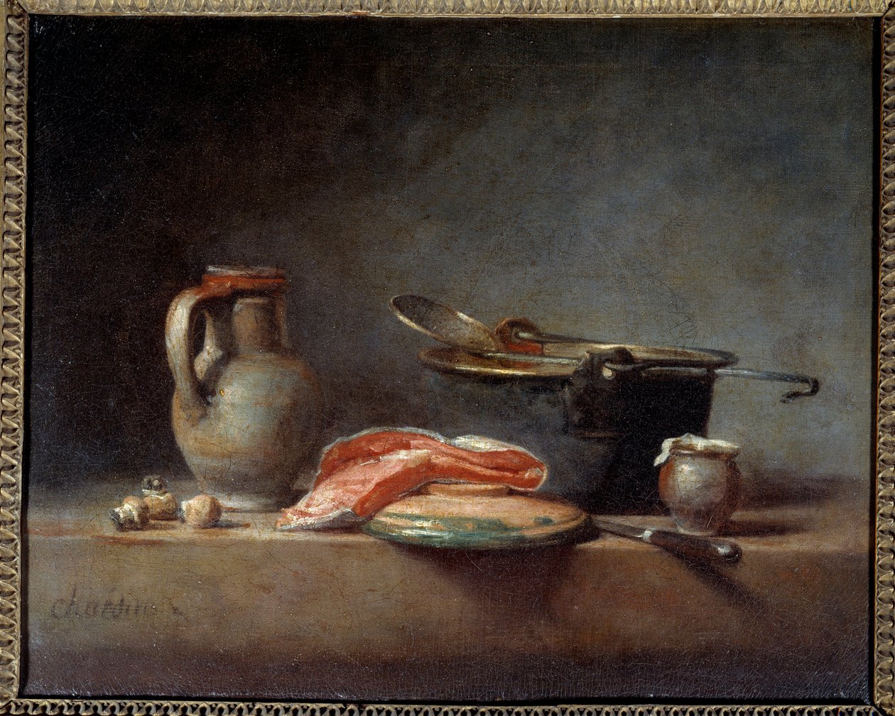 Pot en cuivre, écumoire, pichet et tranche de saumon. Nature morte - Jean Baptiste Simeon Chardin