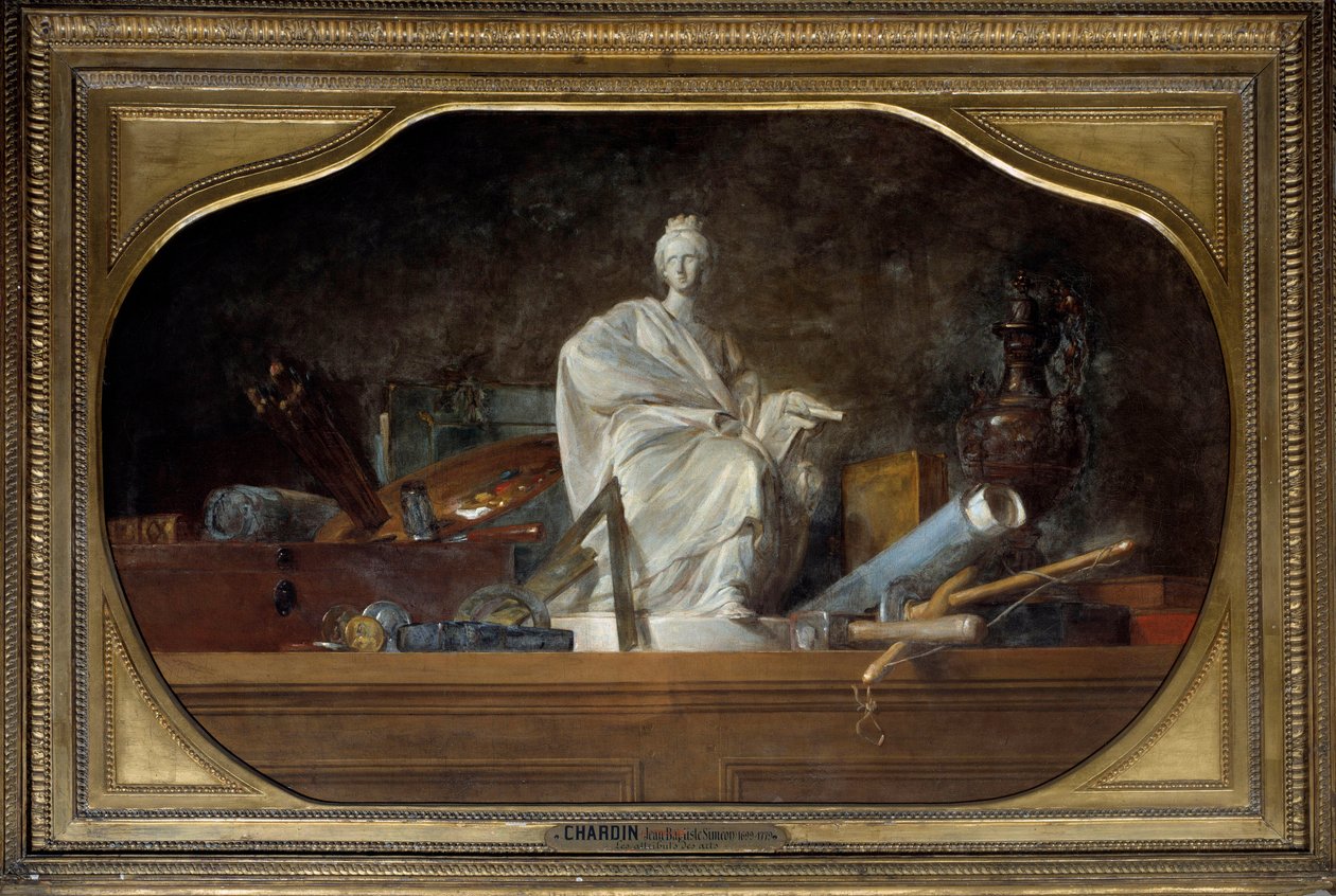 Les attributs des Arts Allégorie des arts avec outils de sculpteur, statuette - Jean Baptiste Simeon Chardin