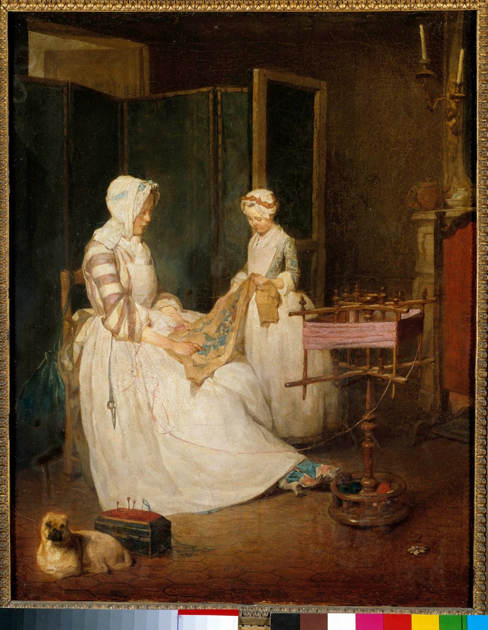 La mère travailleuse Une mère aidée par sa fille brodant et utilisant un métier à broder. Peinture de Jean Baptiste Simeon Chardin (1699-1779) XVIIIe siècle - Jean Baptiste Simeon Chardin
