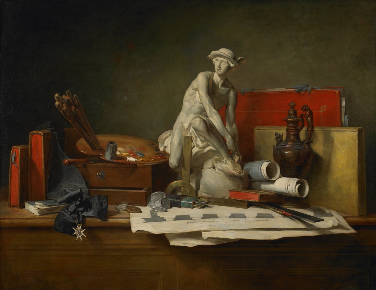 Français :  Nature morte aver des attributs des Arts Les attributs des Arts et les récompenses qui leur sont accordées - Jean Baptiste Simeon Chardin