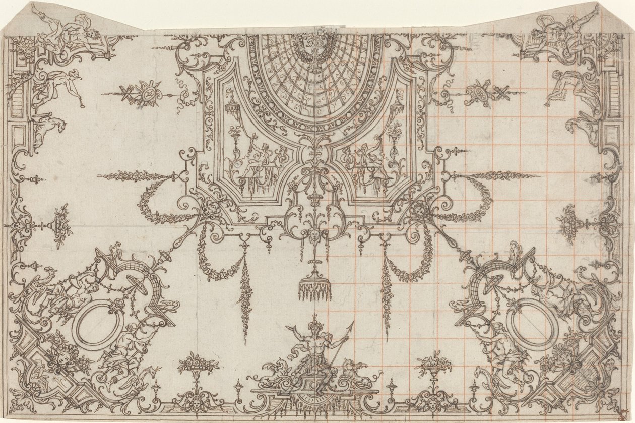 Un plafond élaboré avec treillis et figures assises - Jean Berain