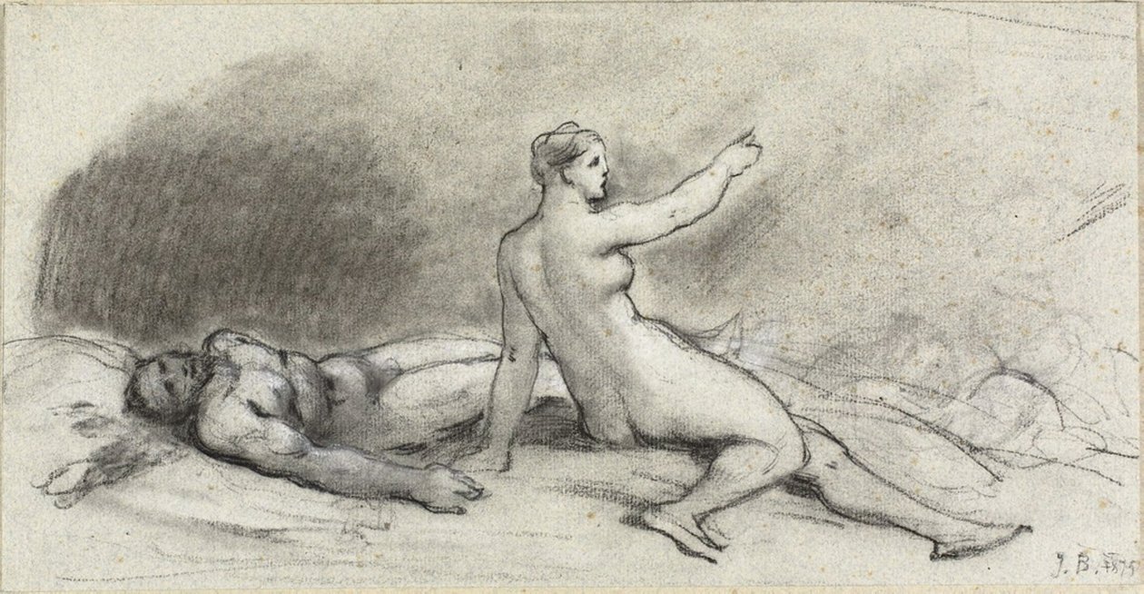 Femme nue assise avec homme nu endormi (recto); Torse féminin vu de dos (verso) - Jean Beraud