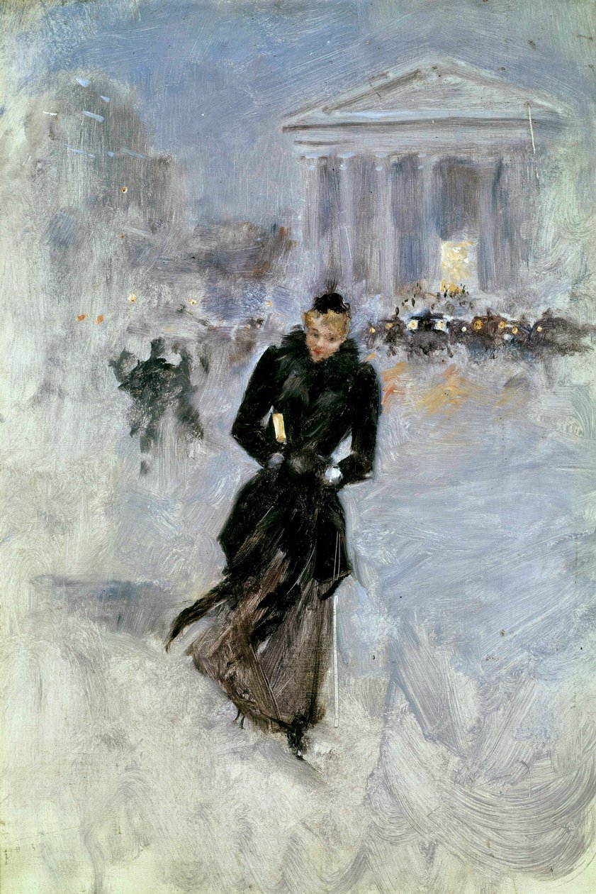 Jeune femme élégante au boa dans la rue Royale à Paris - Jean Beraud