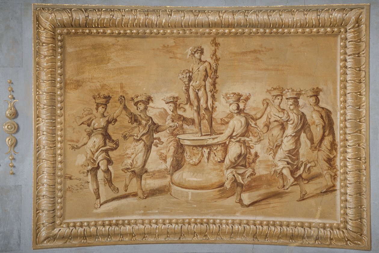 Faux relief doré, avec Bacchus placé sur un piédestal circulaire décoré de festons et de bucranes, entouré de canéphores dansantes - Jean Boulanger