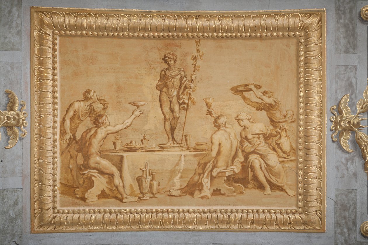 Faux relief doré, avec la statue de Bacchus entourée de quelques offrants levant des coupes de vin - Jean Boulanger