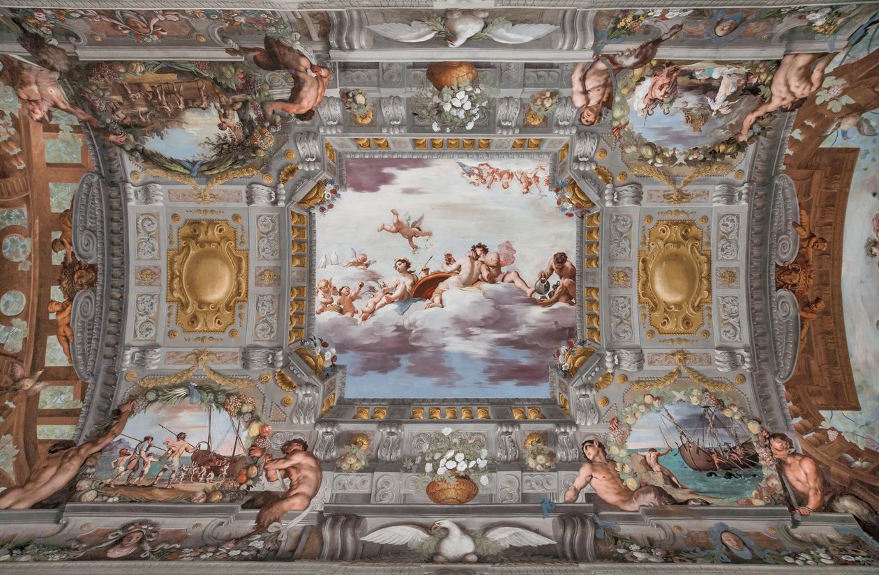 Banquet de mariage. Sur les nuages, Bacchus, Ariane et Vénus avec une figure versant du vin sont assis à une table ronde. Les autres dieux regardent de loin. - Jean Boulanger