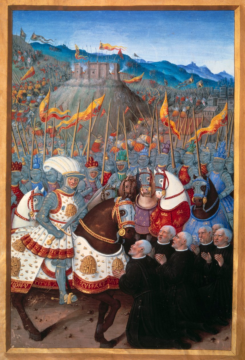 Louis XII (1462-1515) reçoit six bourgeois de Gênes à genoux (25 avril 1507). Miniature par Jean Bourdichon (1457? - 1521) dans "Voyage de Gênes" (Folio 20v) écrit par Jean Marot, v.1508. Paris, B N - Jean Bourdichon