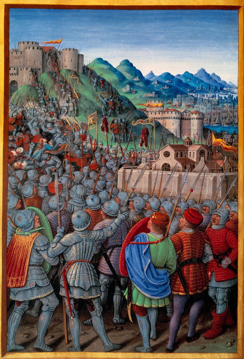 Les Génois attaquent le Castellacio de Gênes gardé par les Français (12 mars 1507). Miniature de Jean Bourdichon dans "Voyage de Gênes" (Folio 20v) écrit par Jean Marot, v.1508 - Jean Bourdichon