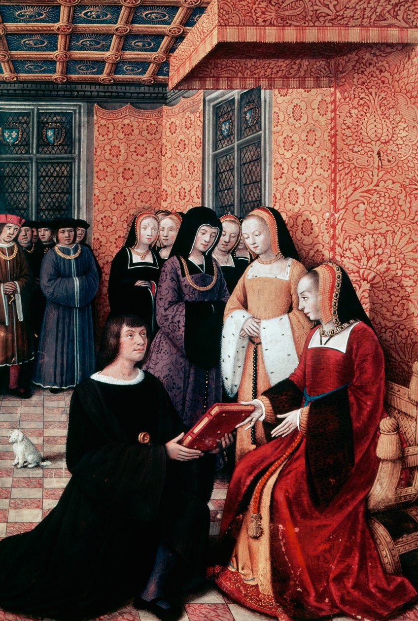 Le poète Jean Marot (1450-1526) remettant son œuvre Voyage à Gênes à Anne de Bretagne (1477-1514), vers 1508, miniature de Jean Bourdichon (1457-1521). France - Jean Bourdichon