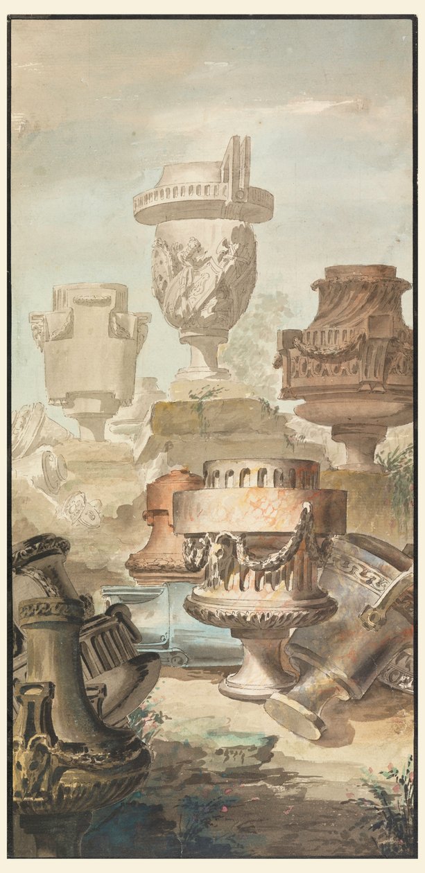 Dessin, Fantaisie de la ruine : Vases et urnes, 1770 - Jean Charles Delafosse