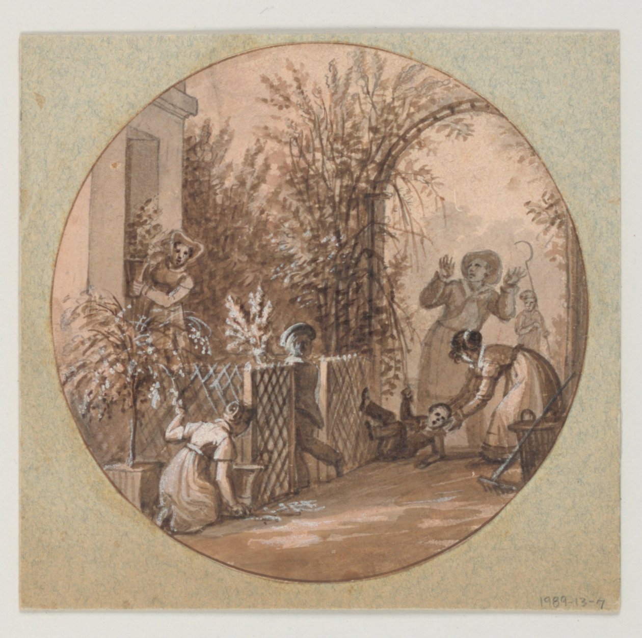 Conception pour une assiette en porcelaine peinte, scène de jardin du Service de la Culture des Fleurs - Jean Charles Develly