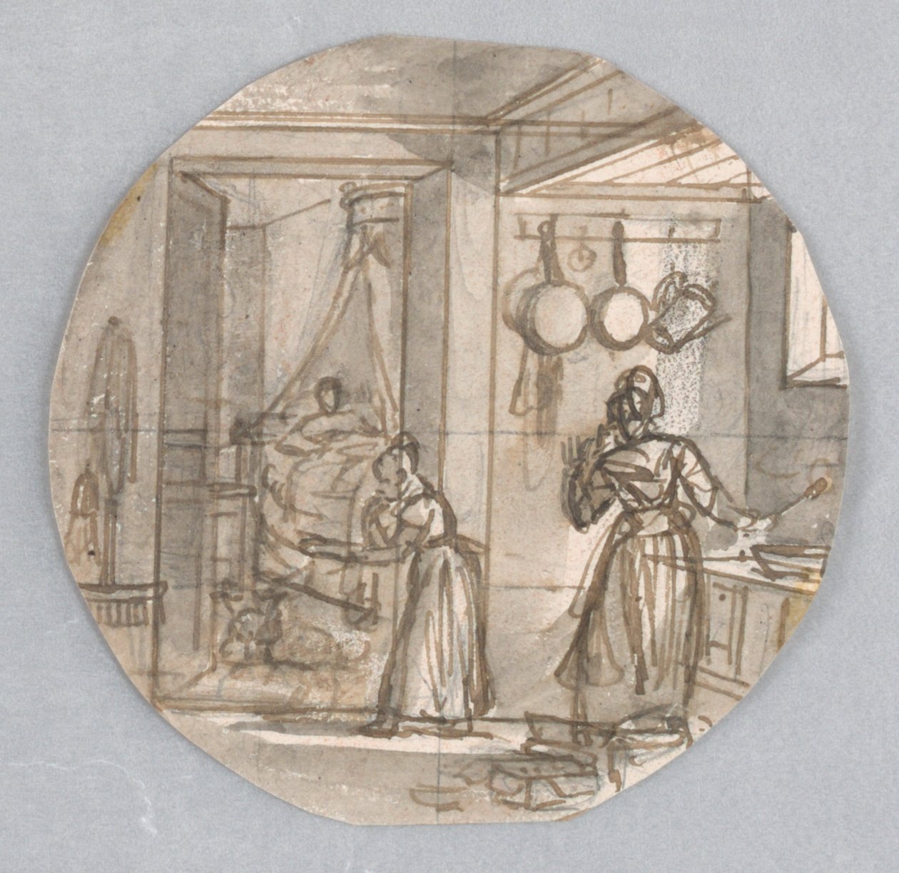 Design pour une Assiette en Porcelaine Peinte, Scène de Cuisine avec Chambre à Coucher Arrière, possiblement pour le Service des Objets de Dessert - Jean Charles Develly