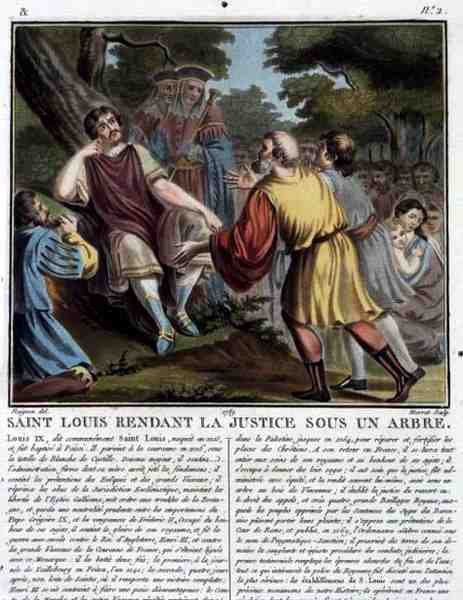 Saint Louis rend justice sous un arbre, gravé par Jean Baptiste Morret 1789 (gravure en couleur) - Jean Claude (after) Naigeon