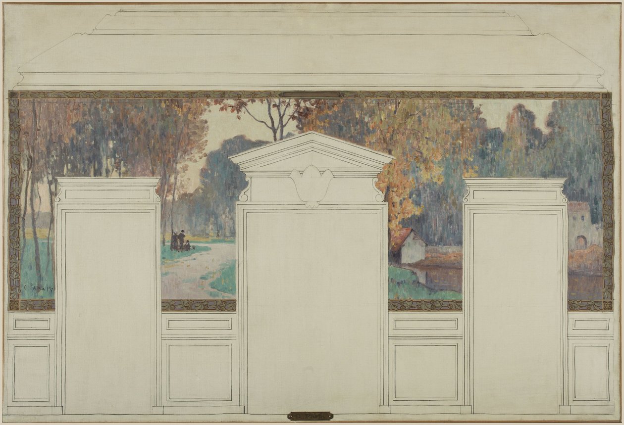 Esquisse pour la mairie de Fresnes : Paysage avec promeneurs en automne - Jean Constant Pape